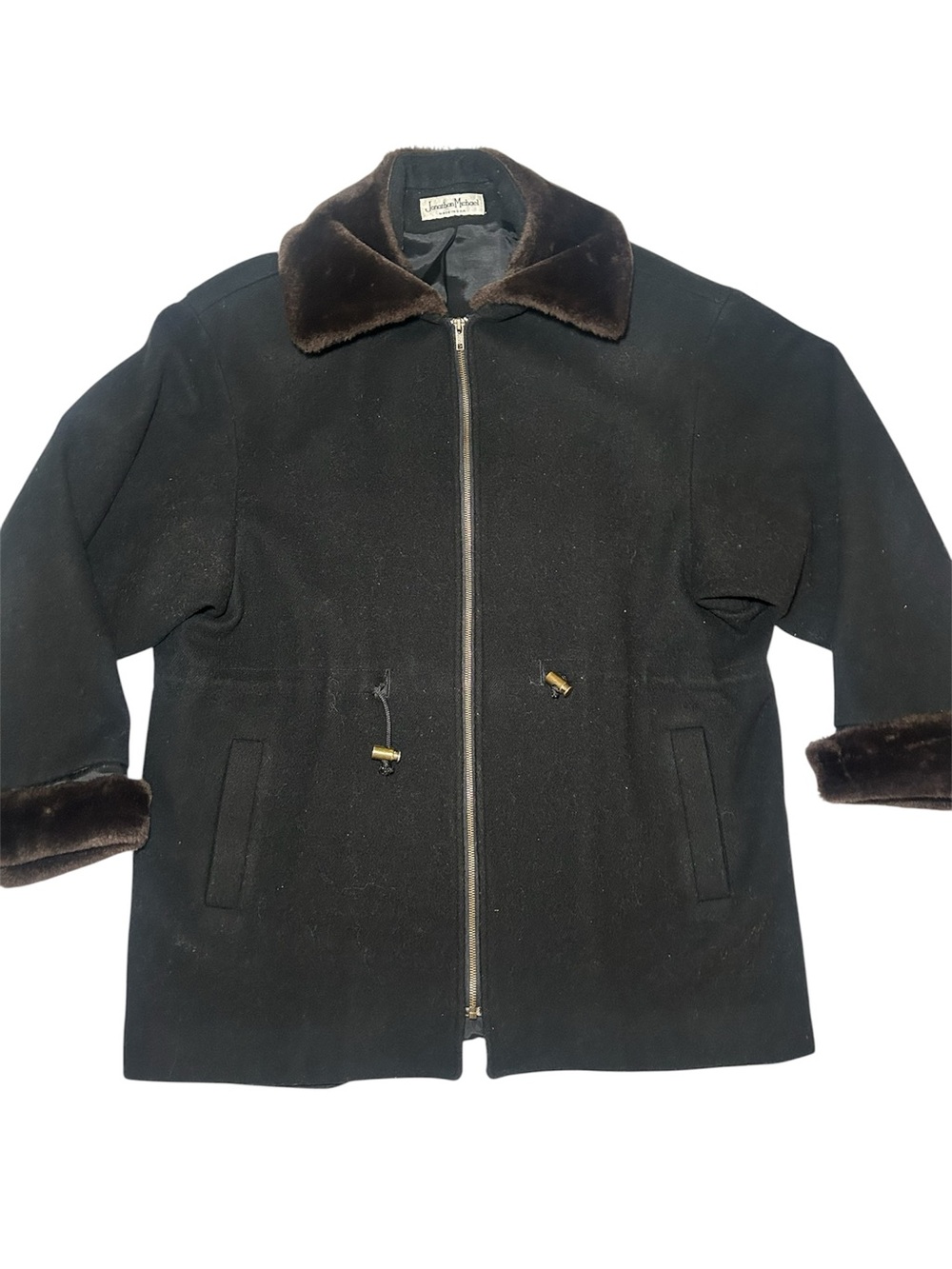 Jonathan Michael Vintage Black Zip Front Coat with Brown Faux Fur Trim